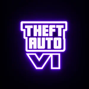 لوگوی Grand Theft Auto VI با افکت نئون بنفش و سفید روی پس‌زمینه تیره